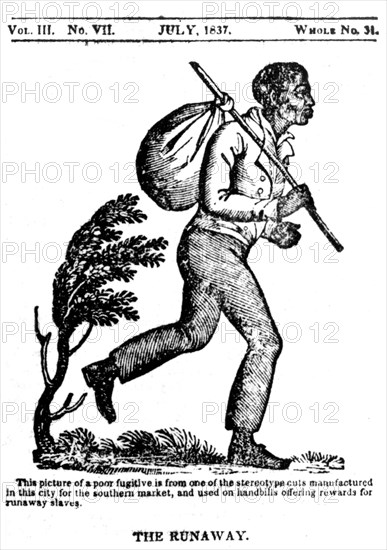 The runaway. Bois gravé utilisé sur les affiches promettant des récompenses à qui trouverait des esclaves fugitifs