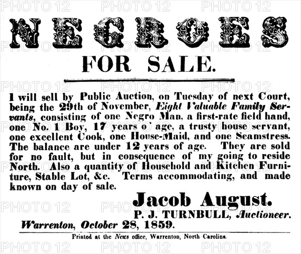Prospectus annonçant une vente d'esclaves