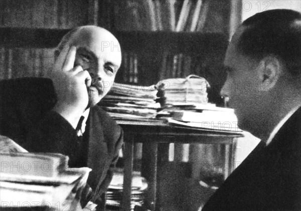 October 1920, Moscow. Lenin talking with Herbert Wells in his office at the Kremlin