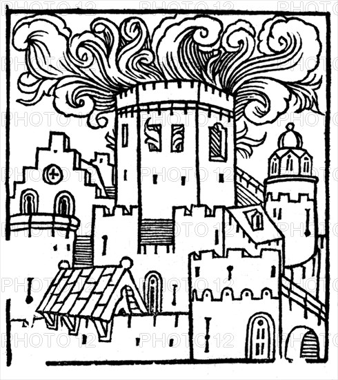 Gravure in Chroniques de France : "De la condamnation des Templiers sous Philippe le Bel (1285-1314). / Château en feu