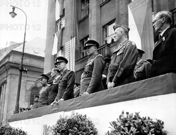 U.S General and Czech leaders review fighting Brigade in Prague (Czechoslovakia), May 30,1945