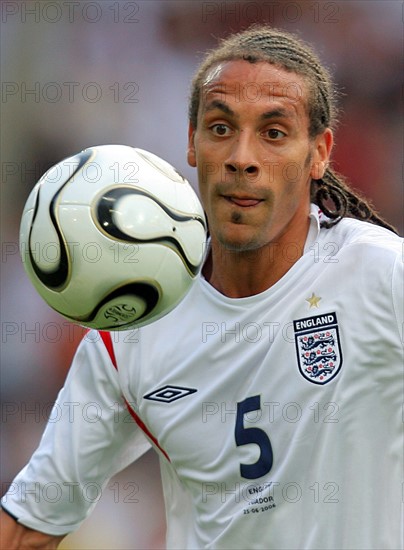 England national soccer player Rio Ferdinand from Manchester United focuses on the ball during the FIFA World Cup 2006 second round match against Ecuador in Stuttgart, Germany, Sunday, 25 June 2006. England advanced to the quarter-finals with a 1-0 victory. Photo: Arne Dedert