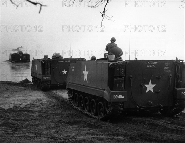 Amphibious crafts on mission at maneuver of the US Army in Berlin Grunewald