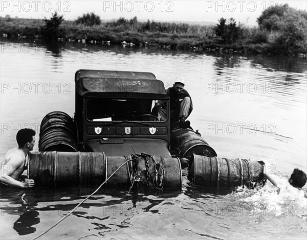 Improvised river crossing during fall maneuver of US Army in Bavaria