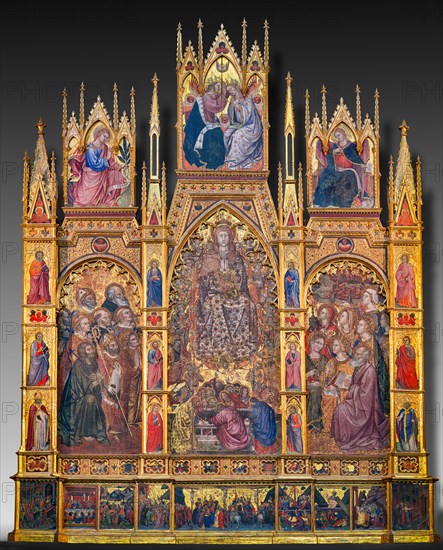 Montepulciano, Duomo (Cathedral of S. Maria Assunta), the interior, the main altar: the monumental "Triptych of the Assumption", painted by Taddeo di Bartolo in 1401. The central panel of the triptych shows the monumental figure of the Madonna Assunta surrounded by Angels, while below are visible the twelve apostles crowding around the empty tomb of the Madonna. Above the Assumption we see the Coronation of the Virgin. The three scenes must be read as a time sequence from bottom to top with the Death of the Virgin, her Assumption and her Coronation. The two side panels depict various Saints in the attitude of adoring the central figure of the Madonna, while on the four pillars that delimit the various panels we see twelve small figures of Doctors of the Church (three per pillar). Above the two side panels are the Announcing Angel (on the left) and the Madonna Annunziata (on the right). The predella at the bottom depicts Nine scenes from the life of Jesus Christ while above the predella...