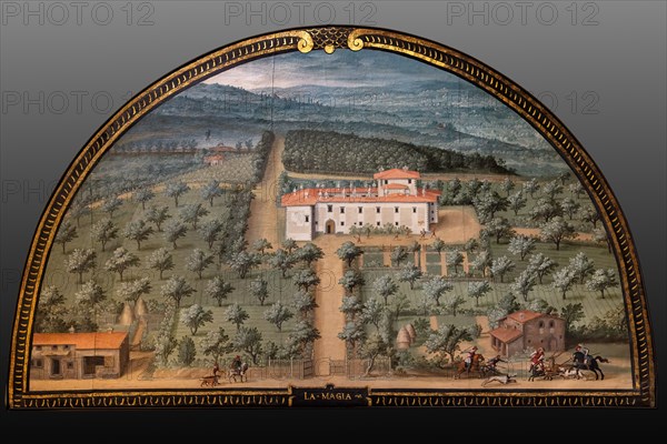 Medici Villa La Petraia: “the Medici villa La Magia”, in the lunette called “La Magia”, one of the fourteen lunettes by Giusto Utens, Italianized name of Iustus van Utens, 1599-1602. This villa is located in Quarrata.
The lunettes present idyllic aerial views of calligraphic precision, very decorative and precious evidence of the appearance of these buildings in the past. They were painted for the Medici villa of Artimino as an "inventory" (today we would say "cadastre") of the possessions of the Grand Duke Ferdinando I de' Medici, and after various moves, they are preserved today in the Villa La Petraia. Originally there were 17, but only 14 have reached us.
Villa medicea La Petraia, Firenze (FI) - Florence, Toscana - Tuscany, Italia - Italy