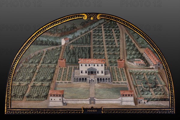 Medici Villa La Petraia: “the Medici villa di Poggio a Caiano”, in the lunette called “Poggio”, one of the fourteen lunettes by Giusto Utens, Italianized name of Iustus van Utens, 1599-1602. This villa is located in Poggio a Caiano (Prato).
The lunettes present idyllic aerial views of calligraphic precision, very decorative and precious evidence of the appearance of these buildings in the past. They were painted for the Medici villa of Artimino as an "inventory" (today we would say "cadastre") of the possessions of the Grand Duke Ferdinando I de' Medici, and after various moves, they are preserved today in the Villa La Petraia. Originally there were 17, but only 14 have reached us.
Villa medicea La Petraia, Firenze (FI) - Florence, Toscana - Tuscany, Italia - Italy