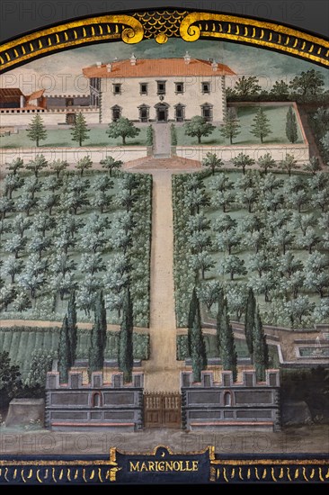 Medici Villa La Petraia: “the Medici villa of Marignolle”, in the lunette called “Marignolle”, one of the fourteen lunettes by Giusto Utens, Italianized name of Iustus van Utens, 1599-1602. This villa is located on the hills between Soffiano and Galluzzo near Florence. The lunettes present idyllic aerial views of calligraphic precision, very decorative and precious evidence of the appearance of these buildings in the past. They were painted for the Medici villa of Artimino as an "inventory" (today we would say "cadastre") of the possessions of the Grand Duke Ferdinando I de' Medici, and after various moves, they are preserved today in the Villa La Petraia. Originally there were 17, but only 14 have reached us.
Detail.
Villa medicea La Petraia, Firenze (FI) - Florence, Toscana - Tuscany, Italia - Italy