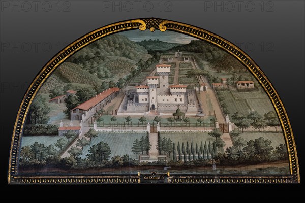 Medici Villa La Petraia: “the Medici villa di Cafaggiolo”, in the lunette called “Cafagiolo”, one of the fourteen lunettes by Giusto Utens, Italianized name of Iustus van Utens, 1599-1602. This villa is located in Barberino di Mugello.
The lunettes present idyllic aerial views of calligraphic precision, very decorative and precious evidence of the appearance of these buildings in the past. They were painted for the Medici villa of Artimino as an "inventory" (today we would say "cadastre") of the possessions of the Grand Duke Ferdinando I de' Medici, and after various moves, they are preserved today in the Villa La Petraia. Originally there were 17, but only 14 have reached us.
Villa medicea La Petraia, Firenze (FI) - Florence, Toscana - Tuscany, Italia - Italy