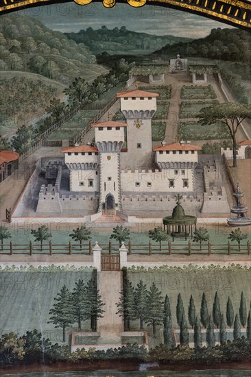 Medici Villa La Petraia: “the Medici villa di Cafaggiolo”, in the lunette called “Cafagiolo”, one of the fourteen lunettes by Giusto Utens, Italianized name of Iustus van Utens, 1599-1602. This villa is located in Barberino di Mugello.
The lunettes present idyllic aerial views of calligraphic precision, very decorative and precious evidence of the appearance of these buildings in the past. They were painted for the Medici villa of Artimino as an "inventory" (today we would say "cadastre") of the possessions of the Grand Duke Ferdinando I de' Medici, and after various moves, they are preserved today in the Villa La Petraia. Originally there were 17, but only 14 have reached us.
Detail.
Villa medicea La Petraia, Firenze (FI) - Florence, Toscana - Tuscany, Italia - Italy