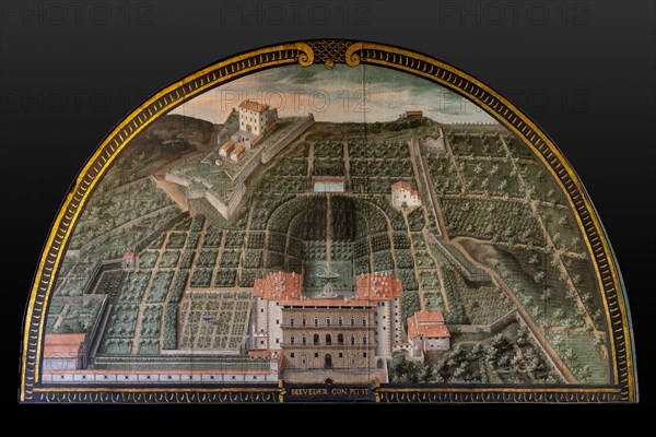 Medici Villa La Petraia: “Pitti Palace, Buboli Gardens and Belvedere Fort” in Florence,  in the lunette called “Belveder con Pitti”, one of the fourteen lunettes by Giusto Utens, Italianized name of Iustus van Utens, 1599-1602. This villa is located in Barberino di Mugello.
The lunettes present idyllic aerial views of calligraphic precision, very decorative and precious evidence of the appearance of these buildings in the past. They were painted for the Medici villa of Artimino as an "inventory" (today we would say "cadastre") of the possessions of the Grand Duke Ferdinando I de' Medici, and after various moves, they are preserved today in the Villa La Petraia. Originally there were 17, but only 14 have reached us.
Villa medicea La Petraia, Firenze (FI) - Florence, Toscana - Tuscany, Italia - Italy