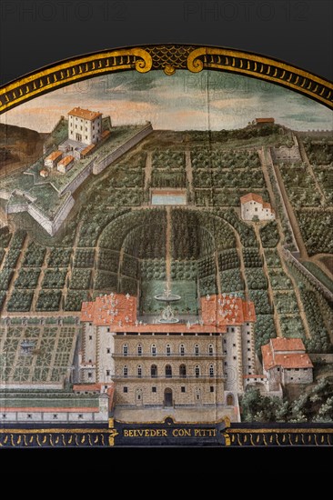 Medici Villa La Petraia: “Pitti Palace, Buboli Gardens and Belvedere Fort” in Florence,  in the lunette called “Belveder con Pitti”, one of the fourteen lunettes by Giusto Utens, Italianized name of Iustus van Utens, 1599-1602. This villa is located in Barberino di Mugello.
The lunettes present idyllic aerial views of calligraphic precision, very decorative and precious evidence of the appearance of these buildings in the past. They were painted for the Medici villa of Artimino as an "inventory" (today we would say "cadastre") of the possessions of the Grand Duke Ferdinando I de' Medici, and after various moves, they are preserved today in the Villa La Petraia. Originally there were 17, but only 14 have reached us.
Detail.
Villa medicea La Petraia, Firenze (FI) - Florence, Toscana - Tuscany, Italia - Italy