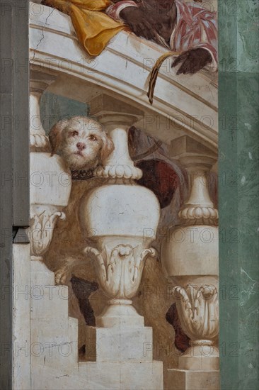 Medici Villa La Petraia, courtyard: “Giuliano Duke of Nemours and Lorenzo Duke of Urbino on the Capitoline Hill”, fresco from the cycle of the Fasti Medicei by Volterrano (Baldassarre Franceschini), 1636-1647.
Detail with a small dog.
Villa medicea La Petraia, Firenze (FI) - Florence, Toscana - Tuscany, Italia - Italy