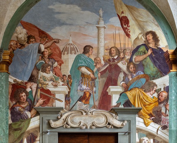 Medici Villa La Petraia, courtyard: “Giuliano Duke of Nemours and Lorenzo Duke of Urbino on the Capitoline Hill”, fresco from the cycle of the Fasti Medicei by Volterrano (Baldassarre Franceschini), 1636-1647.
The scene, set on the Capitoline Hill, shows Giuliano passing the title of Captain General of the Church to his nephew Lorenzo.
Detail.
Villa medicea La Petraia, Firenze (FI) - Florence, Toscana - Tuscany, Italia - Italy