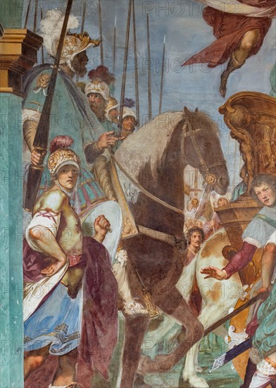 Medici Villa La Petraia, courtyard: “Triumphal entry of Cosimo I into Siena”, fresco from the cycle of the Fasti Medicei by Volterrano (Baldassarre Franceschini), 1636-1647.
In 1555 Cosimo I de' Medici conquered Siena with the help of the Imperials, a military feat which later earned him the title of Grand Duke, therefore a crucial moment for the Medici house. The fresco, with clear celebratory intentions, shows Cosimo making his triumphal entry into the city gates on a golden chariot, followed by a large group of dignitaries, welcomed by the Sienese senators and some citizens. Above, a winged Victory crowns him with a laurel wreath.
Detail.
Villa medicea La Petraia, Firenze (FI) - Florence, Toscana - Tuscany, Italia - Italy