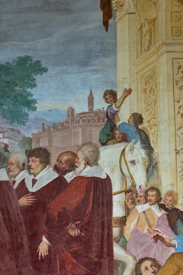 Medici Villa La Petraia, courtyard: “Triumphal entry of Cosimo I into Siena”, fresco from the cycle of the Fasti Medicei by Volterrano (Baldassarre Franceschini), 1636-1647.
In 1555 Cosimo I de' Medici conquered Siena with the help of the Imperials, a military feat which later earned him the title of Grand Duke, therefore a crucial moment for the Medici house. The fresco, with clear celebratory intentions, shows Cosimo making his triumphal entry into the city gates on a golden chariot, followed by a large group of dignitaries, welcomed by the Sienese senators and some citizens. Above, a winged Victory crowns him with a laurel wreath.
Detail with dignitaries.
Villa medicea La Petraia, Firenze (FI) - Florence, Toscana - Tuscany, Italia - Italy