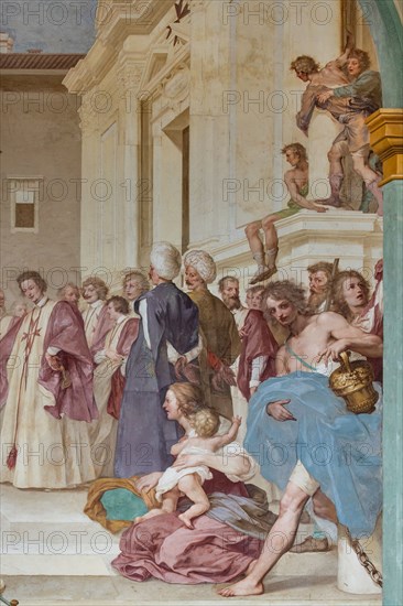 Medici Villa La Petraia, courtyard: “Cosimo II receives the winners of the Bona's feat”, fresco from the cycle of the Fasti Medicei by Volterrano (Baldassarre Franceschini), 1636-1647.
Against the background of Piazza dei Cavalieri in Pisa, Cosimo II, still heir to the throne, receives in the churchyard of the church of Santo Stefano dei Cavalieri the Tuscan nobles engaged in a victorious expedition in the battle of Bona, in Algeria, fought between the Genoese and the Turks on 16 September 1608. Among those present are Silvio Piccolomini, Admiral Jacopo Inghirami, the Marquis Fabrizio di Colloredo and other knights, who climbed into the depths. In the foreground we see the prisoners, who are advanced in front of the spoils of war. The chained and bare-chested slaves have their counterpart in the clothed and turbaned prisoners near the prince.
Detail.
Villa medicea La Petraia, Firenze (FI) - Florence, Toscana - Tuscany, Italia - Italy