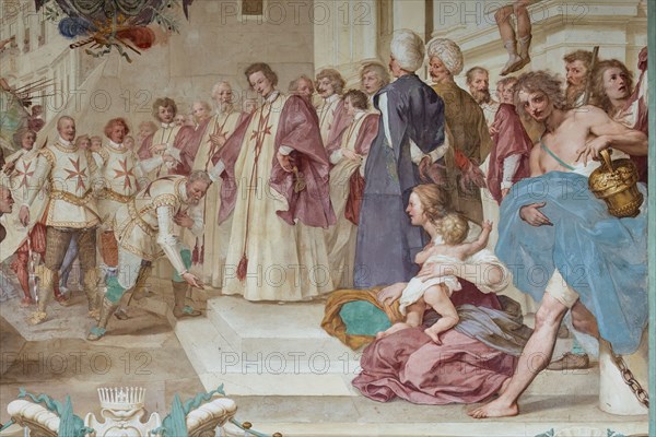 Medici Villa La Petraia, courtyard: “Cosimo II receives the winners of the Bona's feat”, fresco from the cycle of the Fasti Medicei by Volterrano (Baldassarre Franceschini), 1636-1647.
Against the background of Piazza dei Cavalieri in Pisa, Cosimo II, still heir to the throne, receives in the churchyard of the church of Santo Stefano dei Cavalieri the Tuscan nobles engaged in a victorious expedition in the battle of Bona, in Algeria, fought between the Genoese and the Turks on 16 September 1608. Among those present are Silvio Piccolomini, Admiral Jacopo Inghirami, the Marquis Fabrizio di Colloredo and other knights, who climbed into the depths. In the foreground we see the prisoners, who are advanced in front of the spoils of war. The chained and bare-chested slaves have their counterpart in the clothed and turbaned prisoners near the prince.
Detail.
Villa medicea La Petraia, Firenze (FI) - Florence, Toscana - Tuscany, Italia - Italy