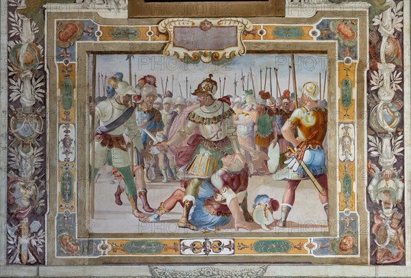 Medici Villa La Petraia, courtyard: “Battle scene”, one of the panels from the cycle of the “Deeds of Godfrey of Bouillon at the capture of Jerusalem”; frescoes by Cosimo Daddi, circa 1589-94.
Villa medicea La Petraia, Firenze (FI) - Florence, Toscana - Tuscany, Italia - Italy