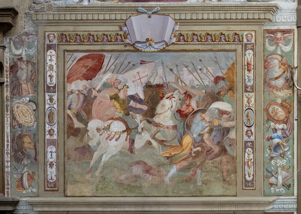 Medici Villa La Petraia, courtyard: “Battle scene”, one of the panels from the cycle of the “Deeds of Godfrey of Bouillon at the capture of Jerusalem”; frescoes by Cosimo Daddi, circa 1589-94.
Villa medicea La Petraia, Firenze (FI) - Florence, Toscana - Tuscany, Italia - Italy