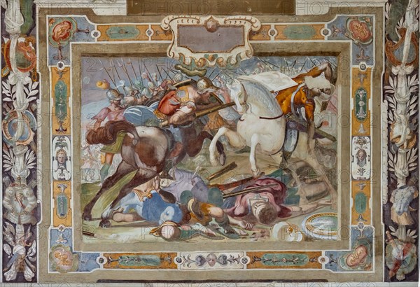 Medici Villa La Petraia, courtyard: “Battle scene”, one of the panels from the cycle of the “Deeds of Godfrey of Bouillon at the capture of Jerusalem”; frescoes by Cosimo Daddi, circa 1589-94.
Villa medicea La Petraia, Firenze (FI) - Florence, Toscana - Tuscany, Italia - Italy