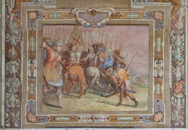 Medici Villa La Petraia, courtyard: “Battle scene”, one of the panels from the cycle of the “Deeds of Godfrey of Bouillon at the capture of Jerusalem”; frescoes by Cosimo Daddi, circa 1589-94.
Villa medicea La Petraia, Firenze (FI) - Florence, Toscana - Tuscany, Italia - Italy