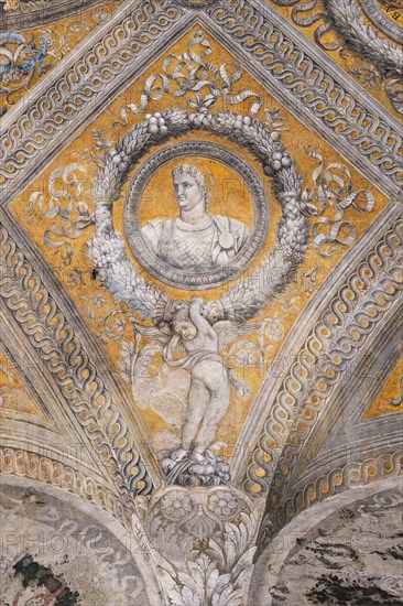 Ducal Palace: vault of the “Bridal Chamber or Camera Picta", which is a room located in the north-east tower of the Castle of San Giorgio in Mantua. It is famous for the cycle of frescoes that covers its walls, a masterpiece by Andrea Mantegna, created between 1465 and 1474.
Detail of the vault: lozenge with a golden background that encloses a circular garland which in turn encloses the portrait of the Roman emperor “Nero”. The garland is supported by a putto.
Palazzo Ducale, Mantova (MN) - Mantua, Lombardia - Lombardy, Italia - Italy