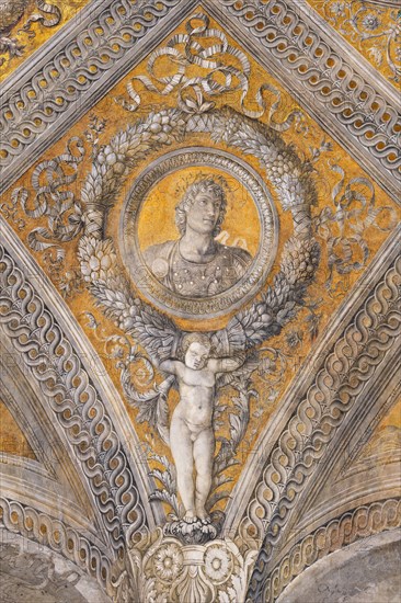 Ducal Palace: vault of the “Bridal Chamber or Camera Picta", which is a room located in the north-east tower of the Castle of San Giorgio in Mantua. It is famous for the cycle of frescoes that covers its walls, a masterpiece by Andrea Mantegna, created between 1465 and 1474.
Detail of the vault: lozenge with a golden background that encloses a circular garland which in turn encloses the portrait of the Roman emperor “Claudius”. The garland is supported by a putto.
Palazzo Ducale, Mantova (MN) - Mantua, Lombardia - Lombardy, Italia - Italy