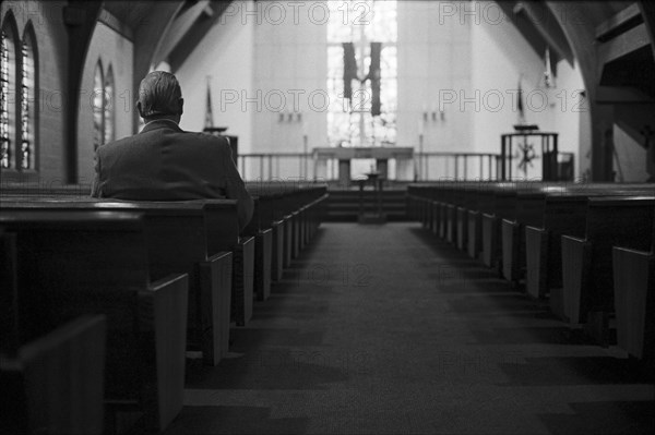 Man Sitting Alone in Church, Rear View