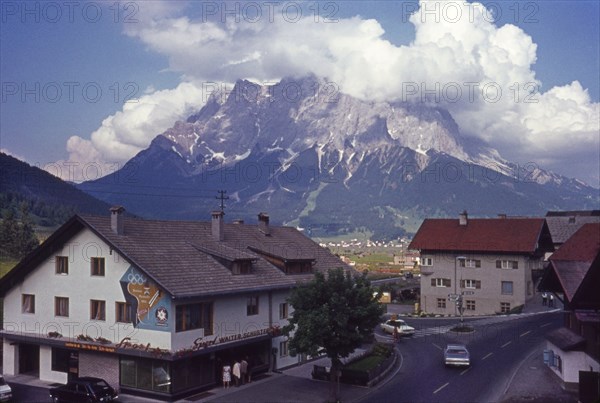 View of Zugspitze Mountain Peak, Germany, from Hotel, Lermoos, Austria, 1950's