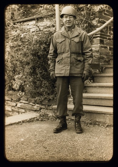 Soldier at Base of Stairway, Portrait, WWII, Third Army Division, US Army Military, Europe, 1943