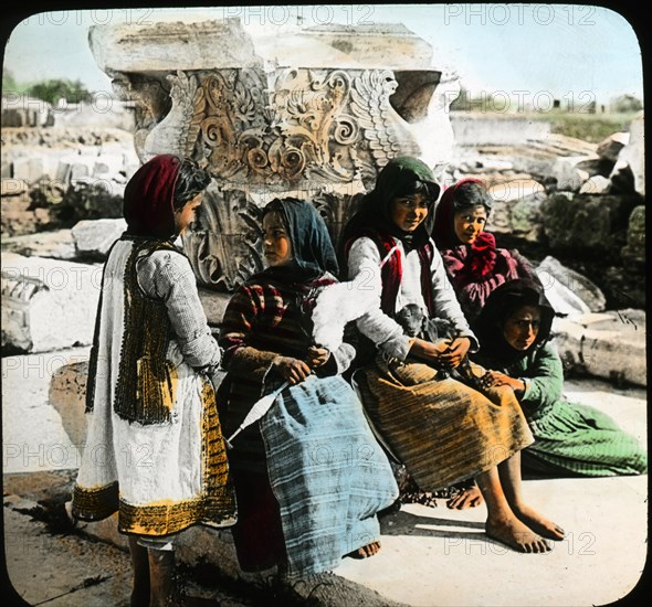 Greek Children Among Ancient Ruins, Athens, Greece, Magic Lantern Slide, circa 1910