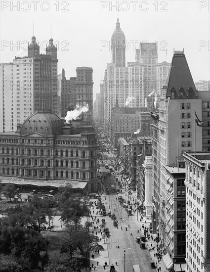 High Angle View of Broadway from Chambers Street, New York City, New York, USA, Detroit Publishing Company, 1908