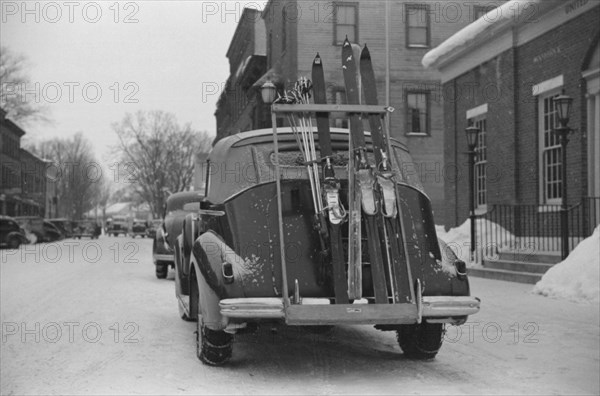 Skis on Ski Rack attached to Car Trunk, Woodstock, Vermont, USA, Marion Post Wolcott for Farm Security Administration, March 1940