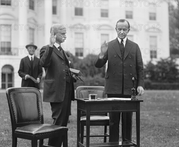 U.S. President Calvin Coolidge Taking Oath before Voting by Mail, White House Lawn, Washington DC, USA, National Photo Company, October 30, 1924