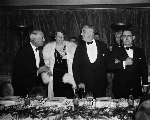 Postmaster General James A. Farley, First Lady Eleanor Roosevelt and U.S. President Franklin Roosevelt Attending Democratic Victory Dinner, Washington DC, USA, Harris & Ewing, March 4, 1937