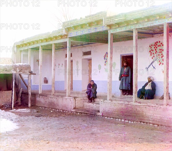 Portrait of Three Sart Men in Front of House, Near Samarkand, Uzbekistan, Russian Empire, Prokudin-Gorskii Collection, 1910