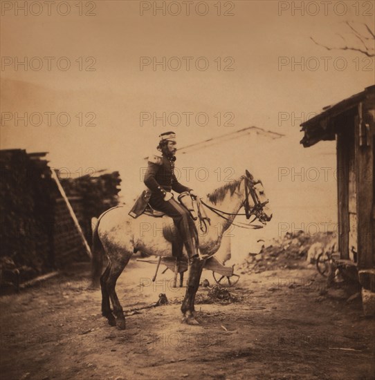 British Captain J. Lilley, Royal Regiment of Artillery, Full-Length Portrait Sitting on Horse, Crimean War, Crimea, Ukraine, by Roger Fenton, 1855