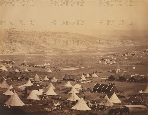 View of British Military Camp with Tents, Buildings, Soldiers and Horses, Crimean War, Crimea, Ukraine, by Roger Fenton, 1855
