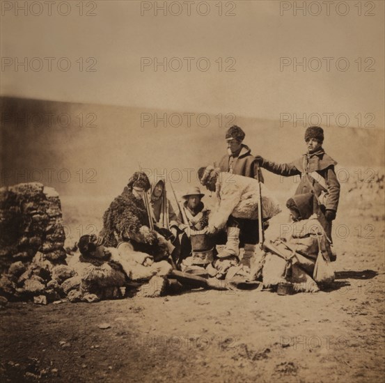 Group of the 47th (Lancashire) Regiment of Foot, Portrait in Winter Clothes, Crimean War, Crimea, Ukraine, by Roger Fenton, 1855