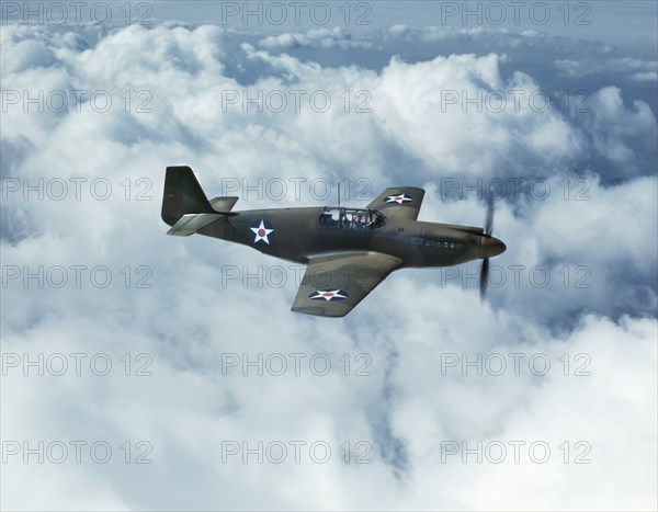P-51 Mustang Fighter during WWII Training Flight, North American Aviation, Inc., California, USA, Mark Sherwood for Office of War Information, October 1942