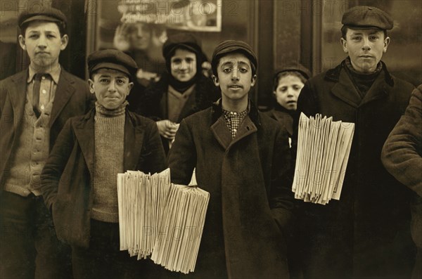 Group of Newsies, Close-Up Portrait, Hartford, Connecticut, USA, Lewis Hine for National Child Labor Committee, March 1909