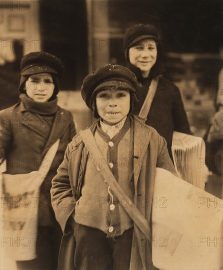 Three Young Newsboys, Utica, New York, USA, Lewis Hine for National Child Labor Committee, February 1910