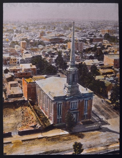 Courthouse and Spire, High Angle View, Chicago, Illinois, USA, Hand-Colored Lantern Slide, circa 1858