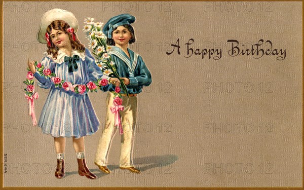 Girl and Boy with Flowers, "A Happy Birthday", Postcard, circa 1910