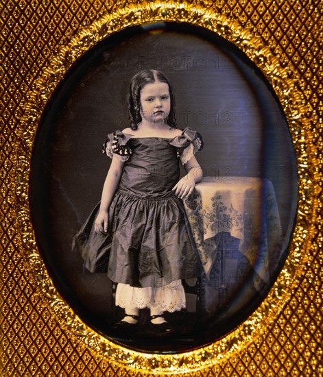 Young Girl Standing on Stool with Arm Resting on Table, Portrait, Daguerreotype, circa 1850's