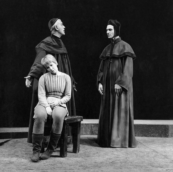 Boris Karloff, Julie Harris, Joseph Wiseman, on-set of the Broadway Play "The Lark", Longacre Theater, New York, 1955