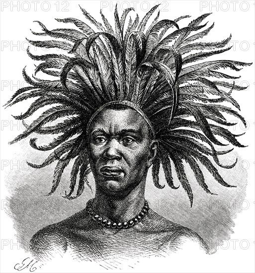 Young Mtuta Man with Feathered Headdress, Africa, Illustration, 1885