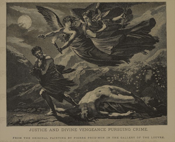 Justice and Divine Vengeance Pursuing Crime, Woodcut Engraving from the Original 1808 Painting by Pierre-Paul Prud'hon, The Masterpieces of French Art by Louis Viardot, Published by Gravure Goupil et Cie, Paris, 1882, Gebbie & Co., Philadelphia, 1883