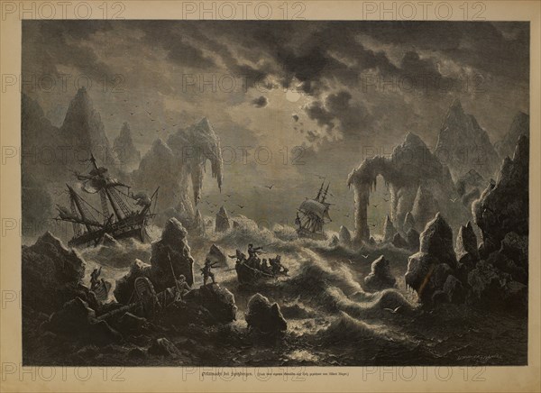 Polar Night at Spitsbergen (Polarnacht bei Spitzbergen), Woodcut Engraving after the Original painting by Albert Rieger, Um die Welt Newspaper, Germany, July 1882